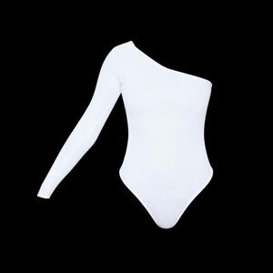 White stretch crepe one shoulder thong bodysuit